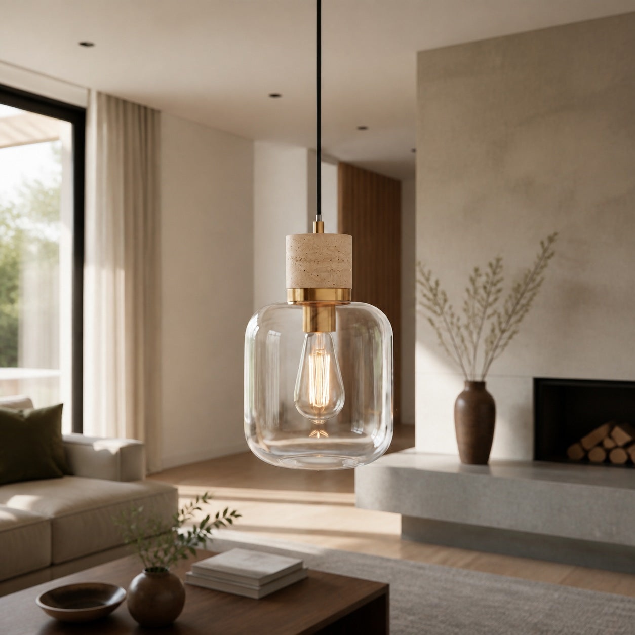 Korlisse Pendelleuchte aus Naturstein und Glas – Stilvolle Lampe für Wohnzimmer oder Lounge