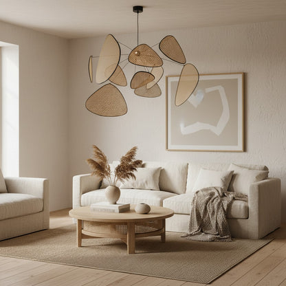 Rivana Modern Woven Rattan Chandelier – Metal Bamboo Pendant Light for Kitchens and Lounges N41