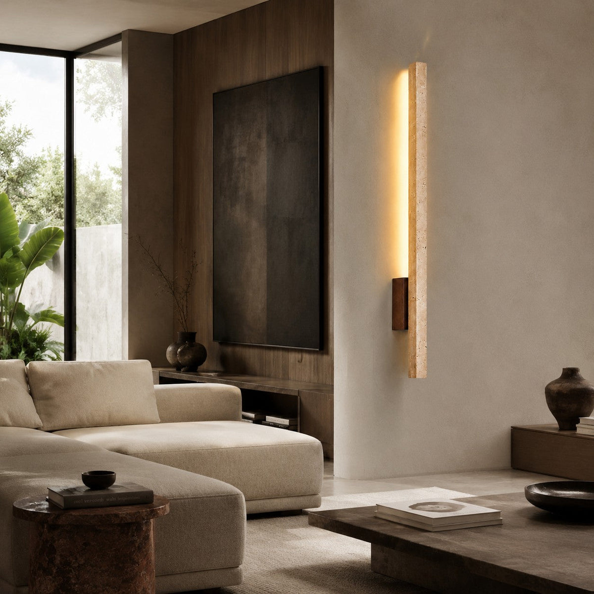 Linear Travertine And Wood LED Wall Light
