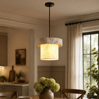 Style D gray travertine stone pendant in a dining room