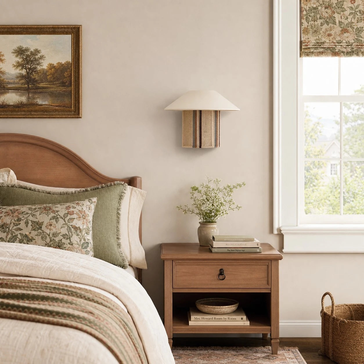 Woven wall sconce bedroom scene