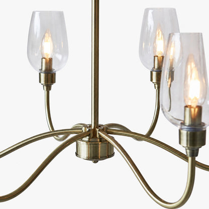 Clarione Art Deco 6-flammiger linearer Kronleuchter mit mundgeblasenen Glasschirmen für die Küche