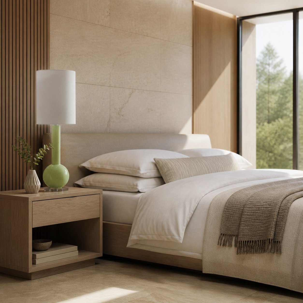 Savara Minimalistische Tischleuchte – Klare Glasform mit Stoffschirm für Schlafzimmer