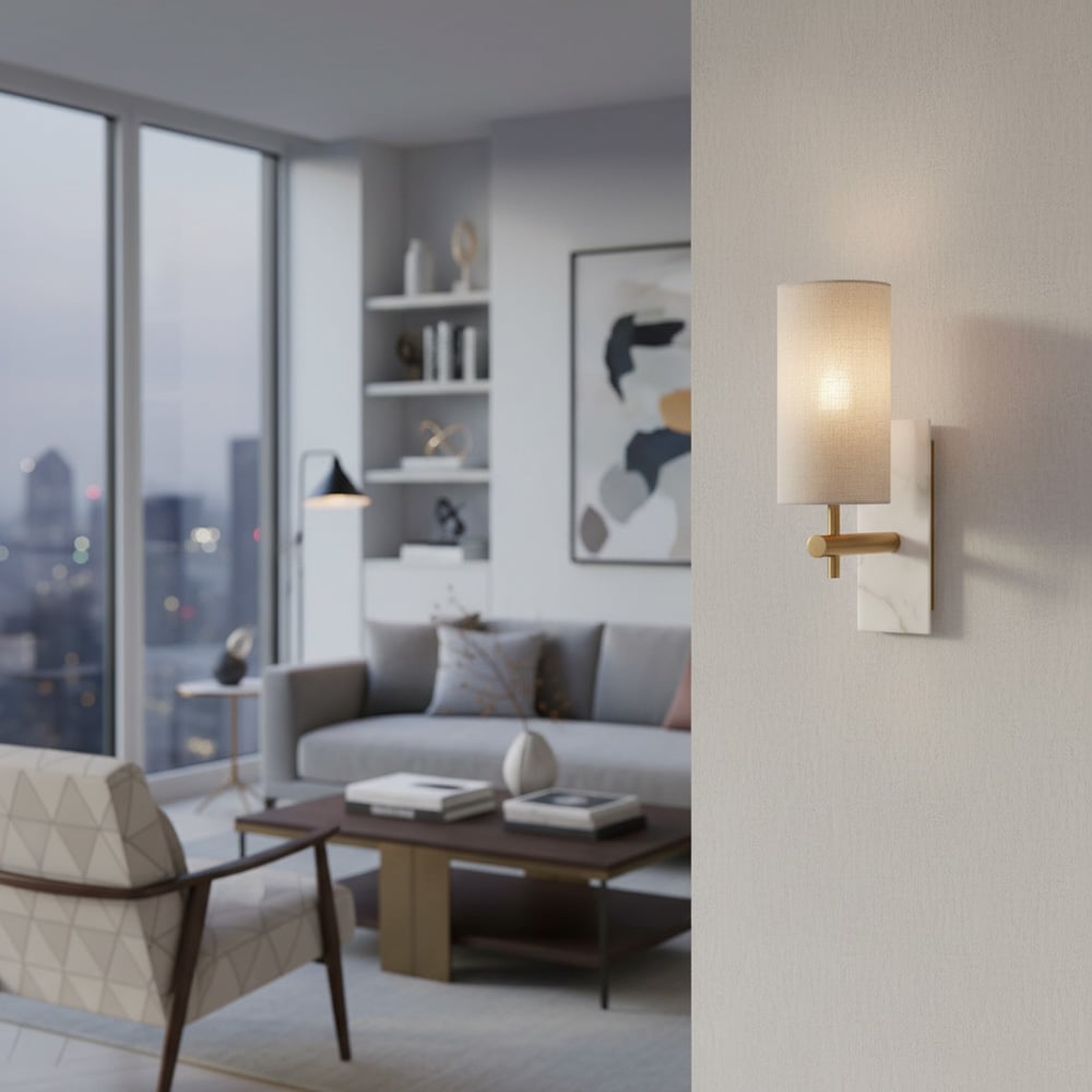 Vintage Wandleuchte aus Messing und Marmor – Lampenschirm aus natürlichem Leinen