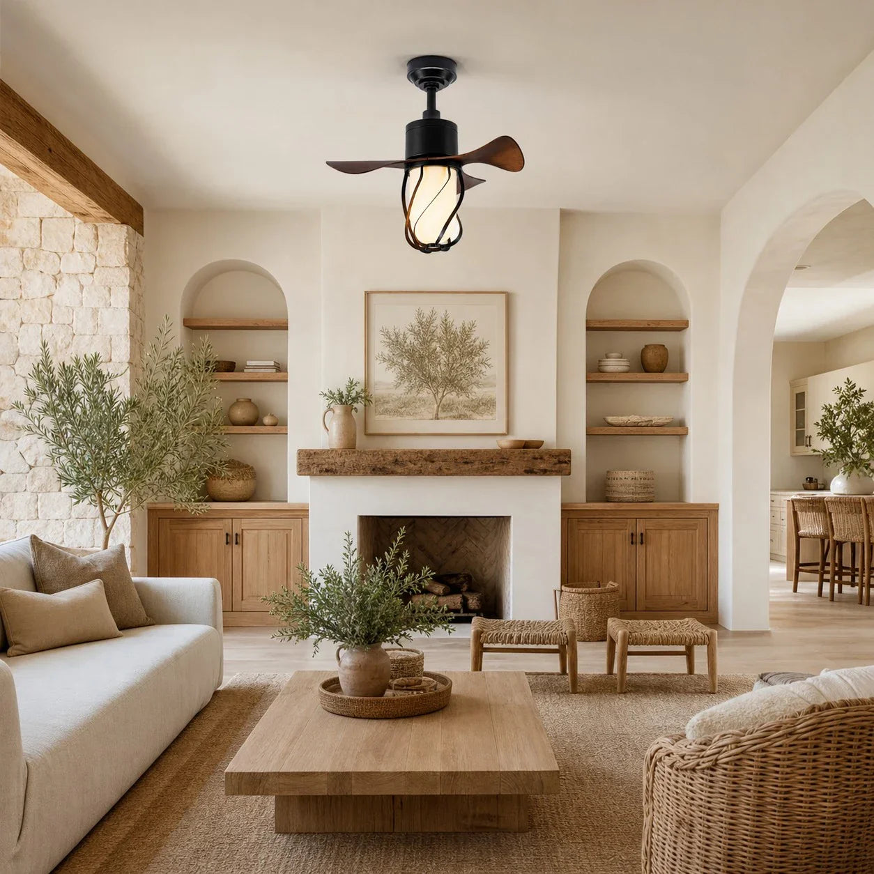 black wood tone ceiling fan light in a warm lounge space