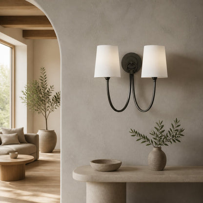 Roven Modern Double Wall Sconce with Curved Arms and Fabric Shades – Classic Accent Lighting for Bedroom