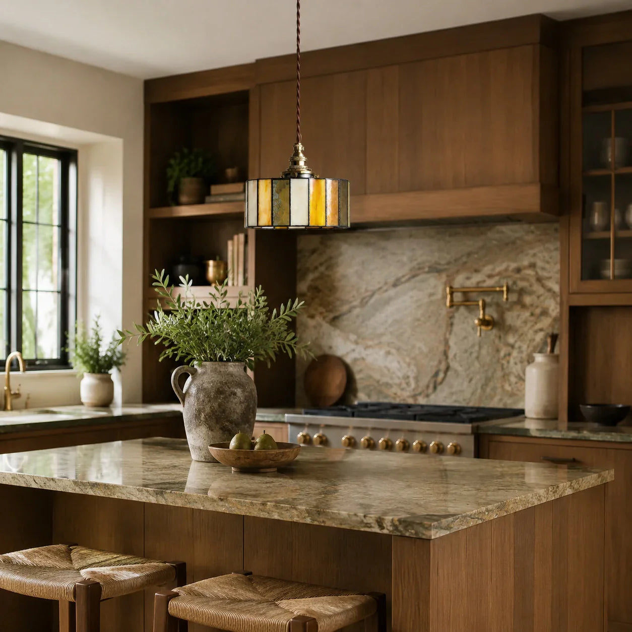 Brass glass pendant light over a marble kitchen island