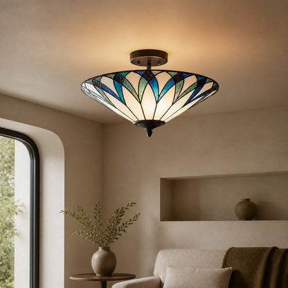TF Allanton Tiffany Semi Flush Ceiling Light – Art Nouveau Patterned Shade for Living or Dining