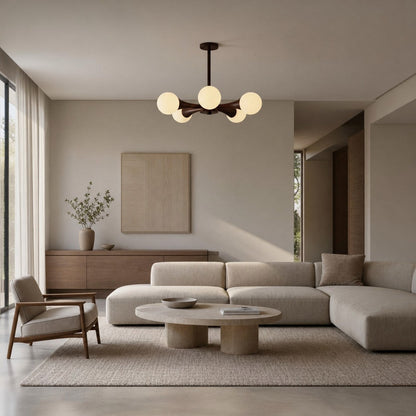 Novalune Multi-Light Glass Globe Chandelier with Wood Frame - Japanese Zen Style for Living Room