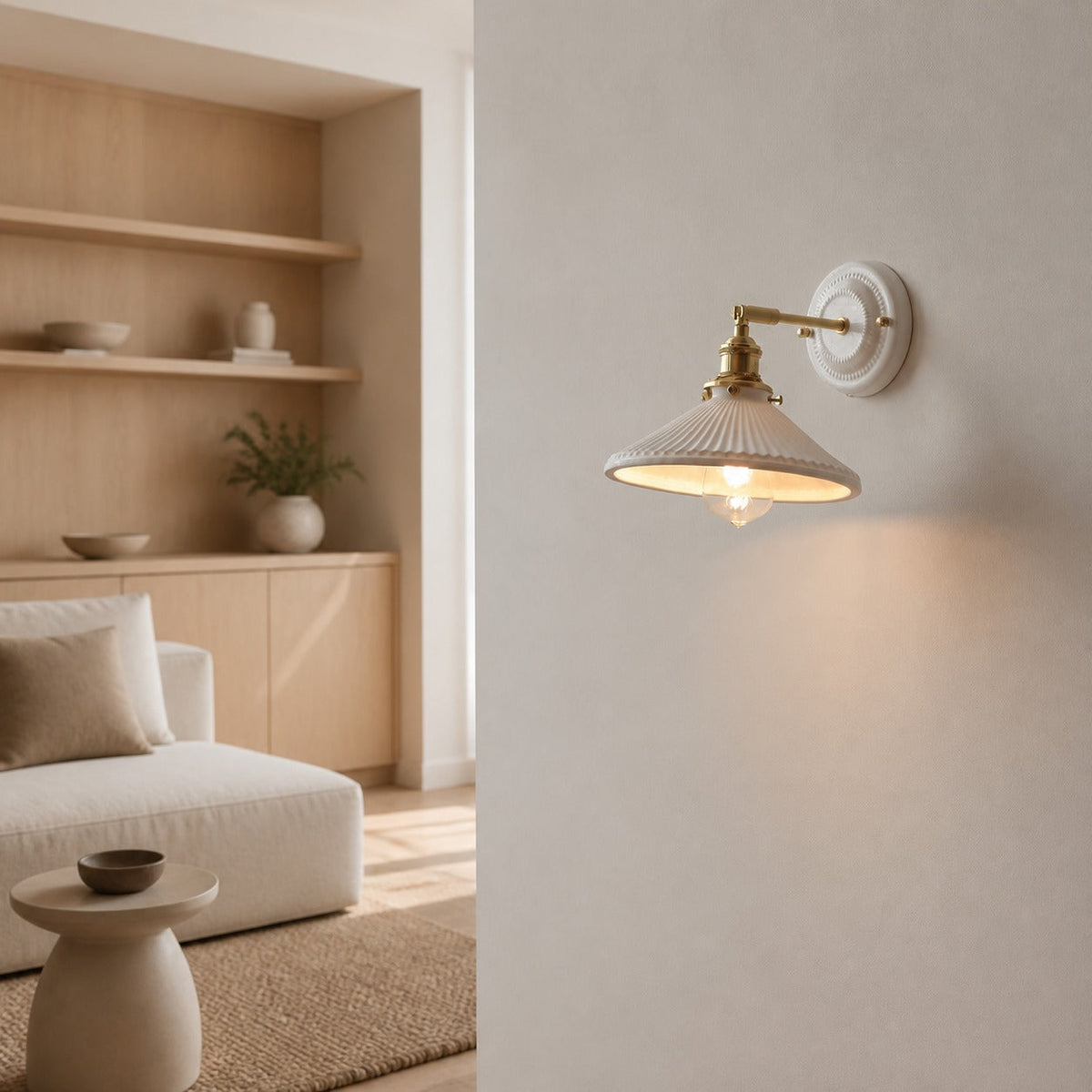 Japanische Vintage Wandlampe aus Keramik und Messing mit 1 Leuchte
