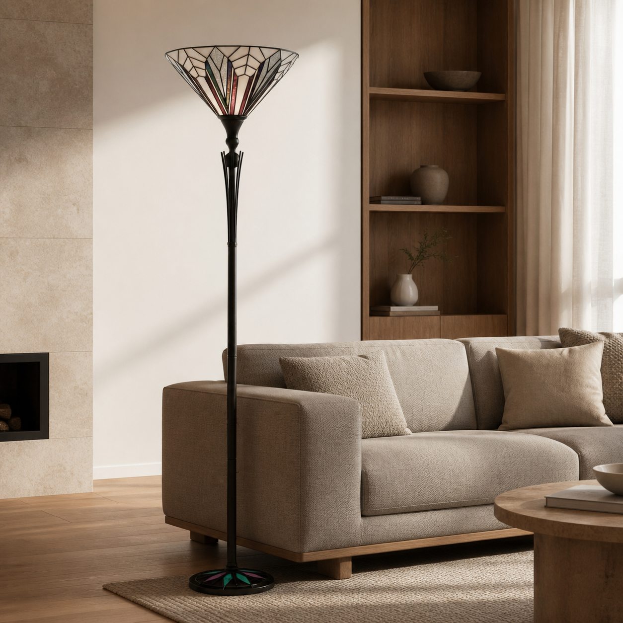 TF Astoria Stehlampe im Tiffany-Stil – Lampenschirm aus strukturiertem Glas für stimmungsvolles Wohn- und Büroambiente