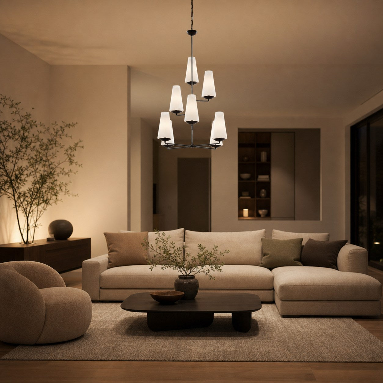 VertiFount Architectural Vertical Chandelier with Multi Light Structure for Open Interiors