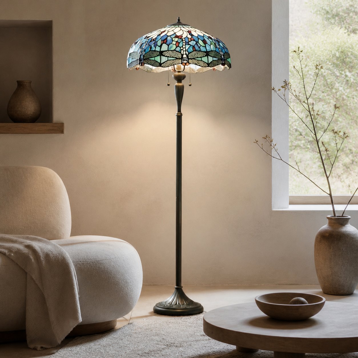 TiffStar Art Glass Floor Lamp with Ornamental Pattern Shade – Standing Light for Living Rooms