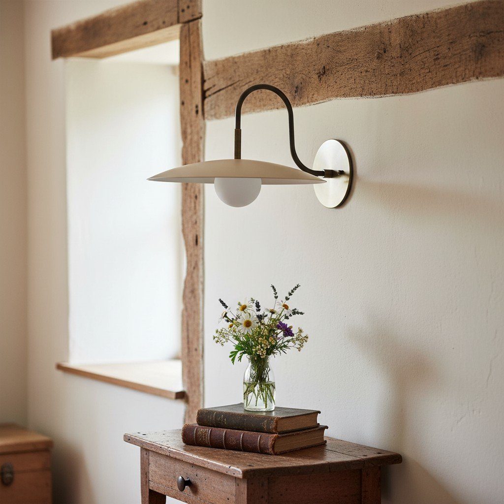 Curva Metal Modern Wall Sconce - Antique Brass Arm with Cream Disc Shade