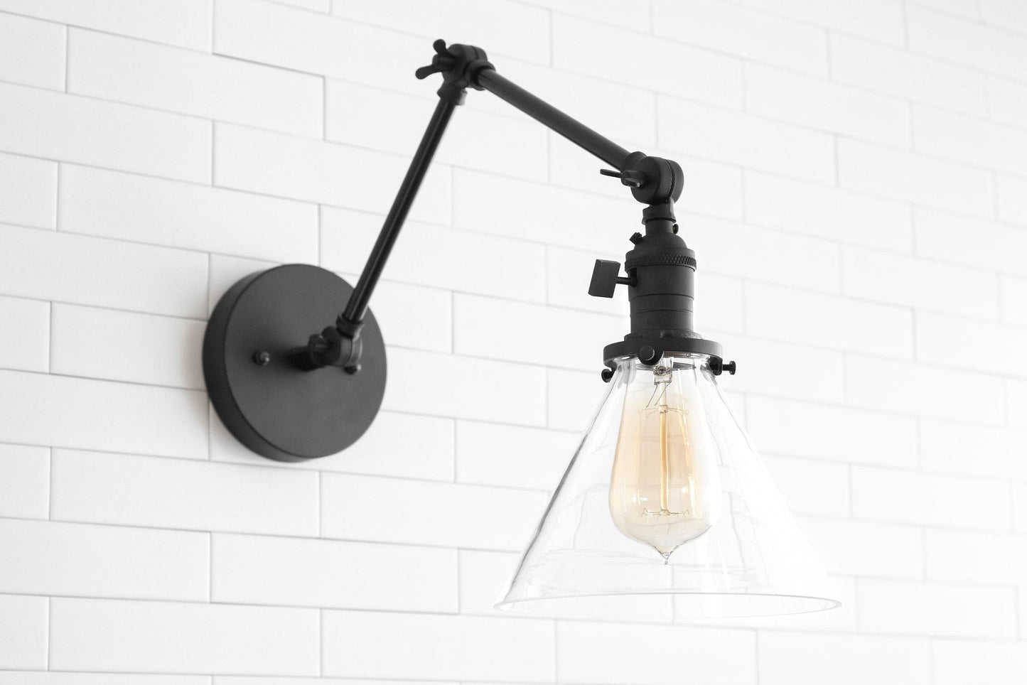 Conique Metal Industrial Wall Sconce with Adjustable Arm - Vintage Glass Cone Shade