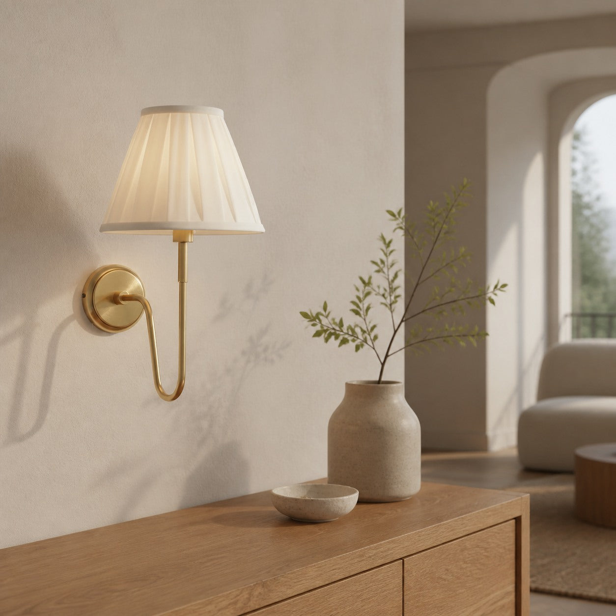 Ivoralux Tapered Fabric Wall Light – Modern Classic Curved Arm Sconce for Hallways or Bedrooms