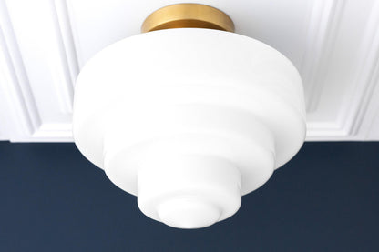 Geotower Glass Brass Ceiling Lamp – Handblown Opal Glass Globe Light