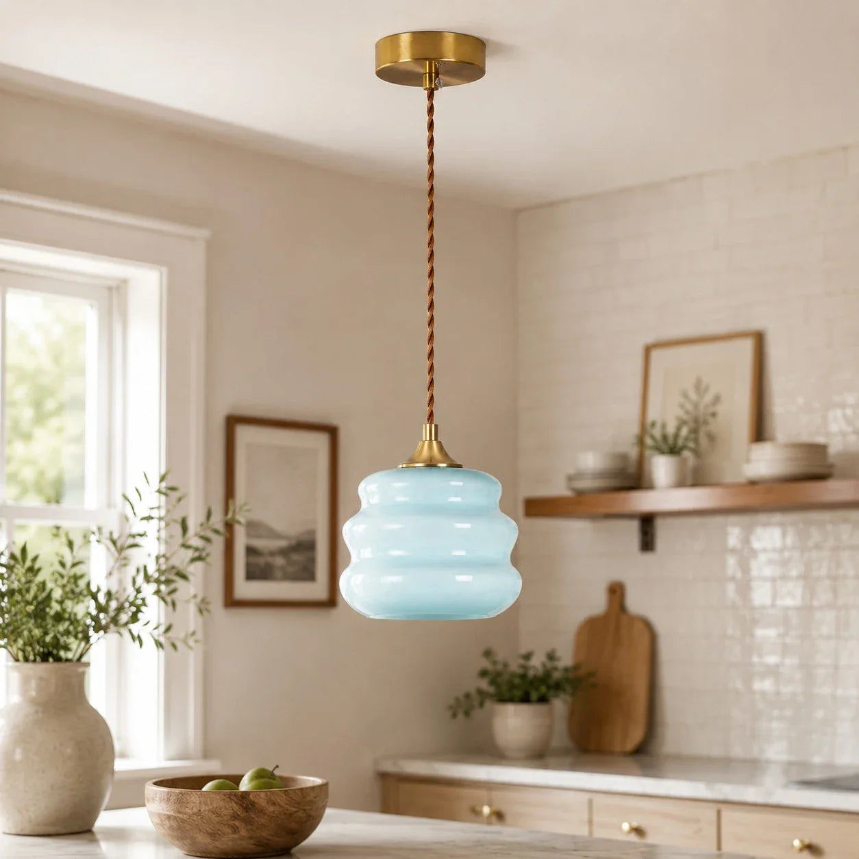 Pendant light in a bright cream kitchen