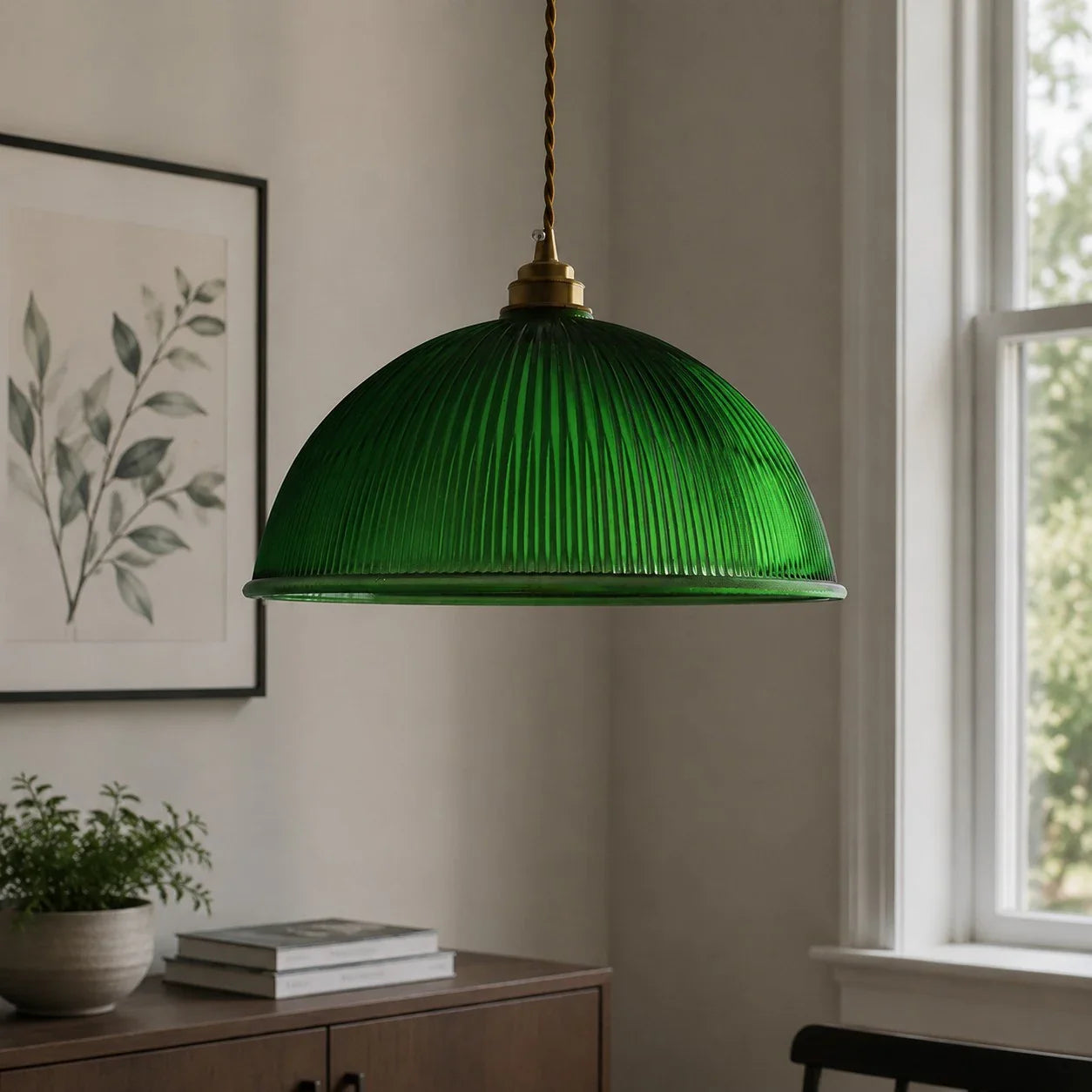 Emerald green pendant light near a bright window