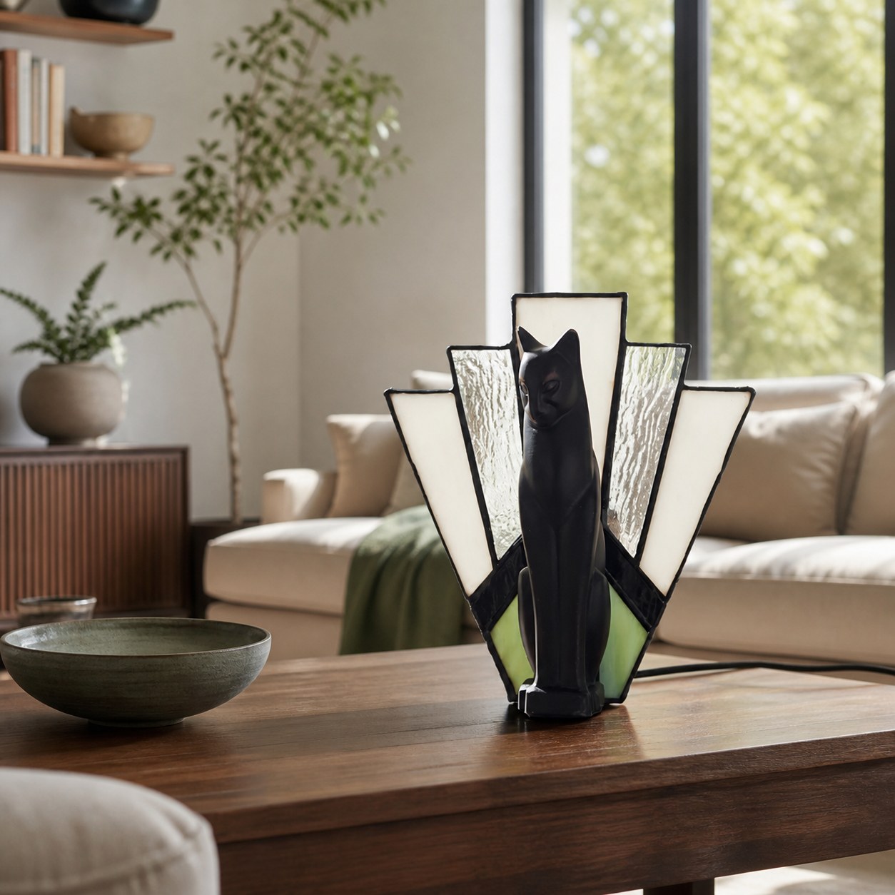 TF Felix Tischleuchte – Art-Deco-Design mit Glasschirm und Katzenfigur für Wohnzimmer oder Schlafzimmer