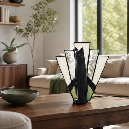 TF Felix Tischleuchte – Art-Deco-Design mit Glasschirm und Katzenfigur für Wohnzimmer oder Schlafzimmer