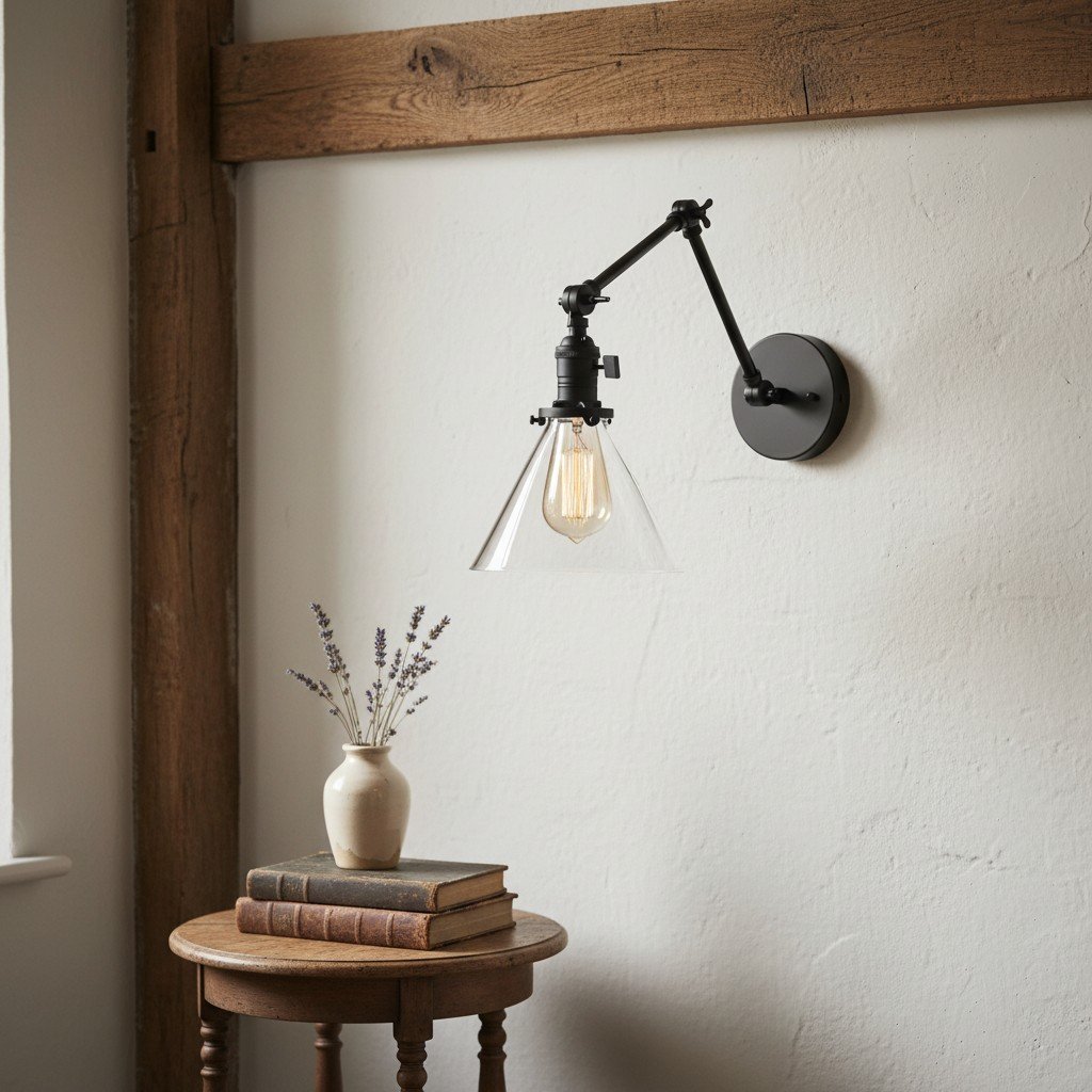 Conique Metal Industrial Wall Sconce with Adjustable Arm - Vintage Glass Cone Shade