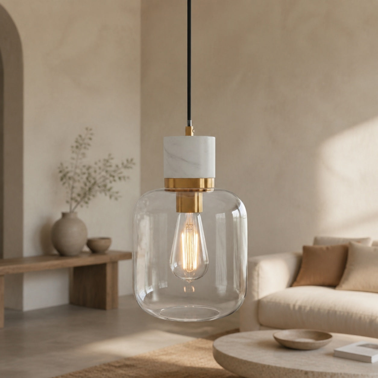 Korlisse Pendelleuchte aus Naturstein und Glas – Stilvolle Lampe für Wohnzimmer oder Lounge