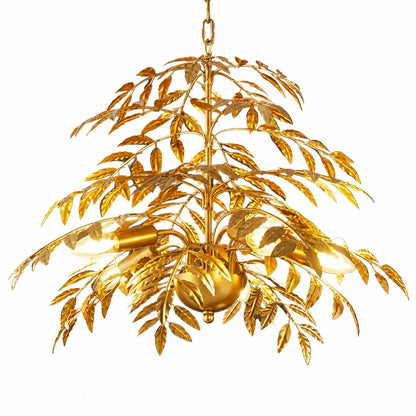 Four layer gold palm leaf chandelier on a white background