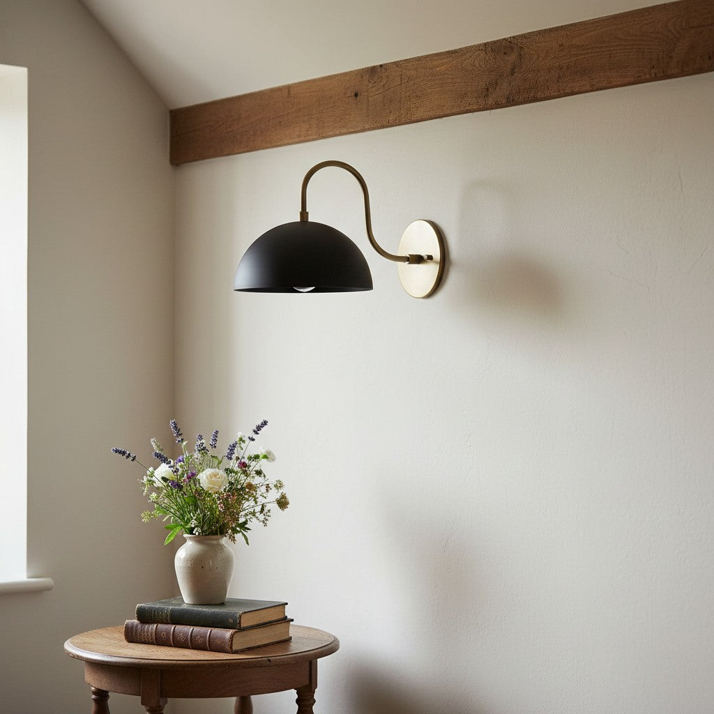 Curva Metal  Industrial Wall Sconce - Curved Brass Arm - Hammered Dome Light Fixture