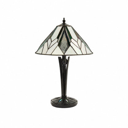 TF Astoria Art Deco Tischleuchte aus Buntglas – Facettierter und irisierender Schirm für Schlaf- oder Wohnzimmer