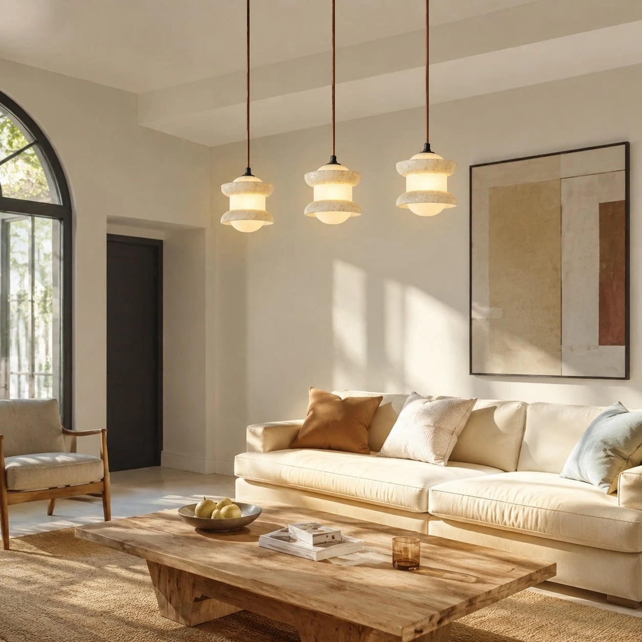 Three-light travertine stone pendant in a warm living room