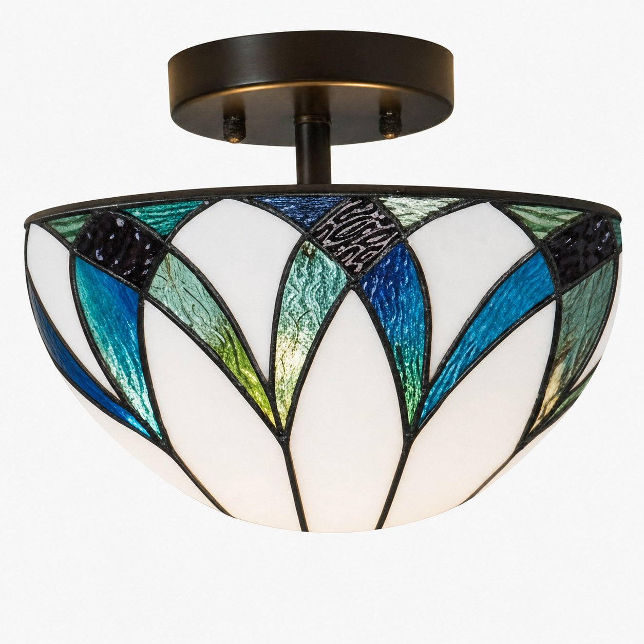 TF Allanton Tiffany Semi Flush Ceiling Light – Art Nouveau Patterned Shade for Living or Dining
