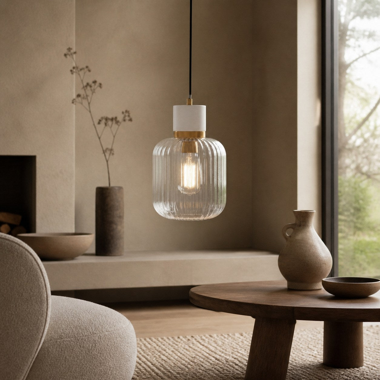 Korlisse Pendelleuchte aus Naturstein und Glas – Stilvolle Lampe für Wohnzimmer oder Lounge