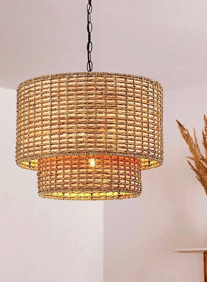 Natürliche Rattan Doppeltrommel Pendelleuchte für Schlafzimmer