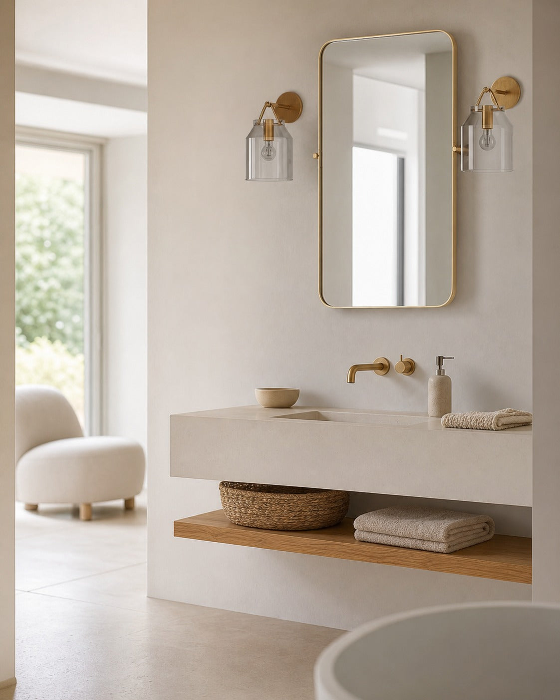 Hanton Moderne, minimalistische Wandleuchte aus Messing und Glas – feuchtigkeitsbeständig für Badezimmer