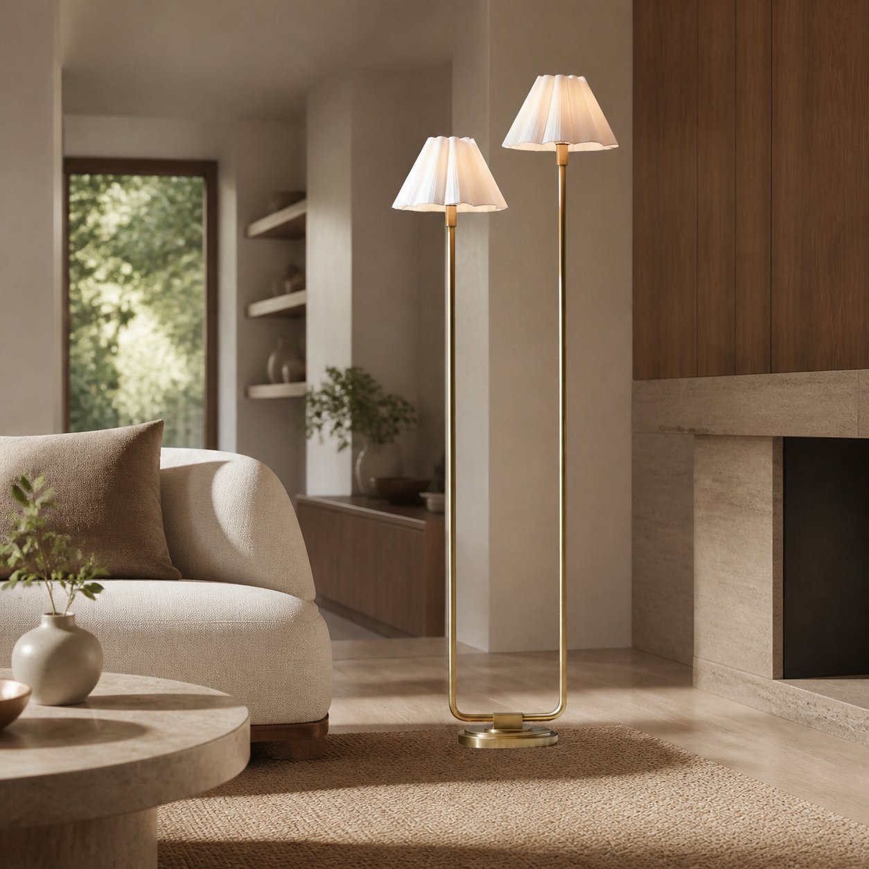Duova Minimalist 2‑Light Floor Lamp - Modern Pleated Fabric Metal Light for Bedroom or Living Room