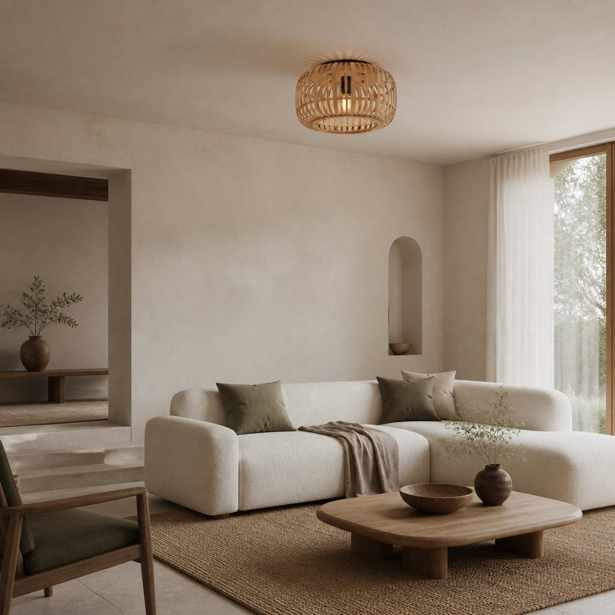 Yumeko Natural Bamboo Flush Ceiling Light - Organic Cage Design Sustainable for Living Room