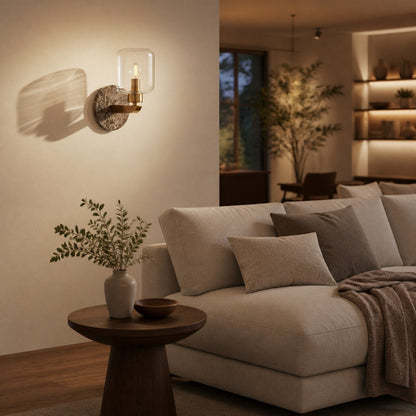 Korlisse Modern Marble Wall Light - Vintage Brass & Clear Glass Accent for Living Room and Hallway