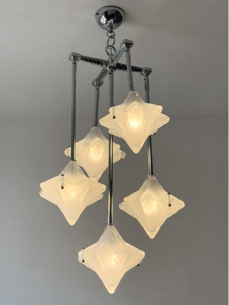 Art Deco Astris Star Chandelier – Frosted Glass Deco Fixture for Dining Room