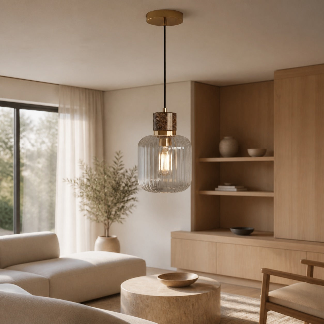 Korlisse Pendelleuchte aus Naturstein und Glas – Stilvolle Lampe für Wohnzimmer oder Lounge