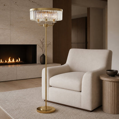 Beveline 3 Light Round Floor Lamp - Faceted Cut Glass Shades Classic Metal Finish For Living Rooms