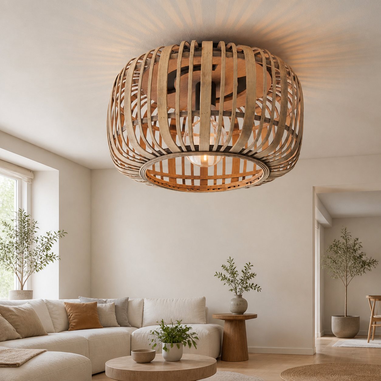 Yumeko Natural Bamboo Flush Ceiling Light - Organic Cage Design Sustainable for Living Room