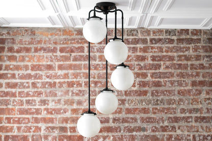 Glorica Glass 5 Globe Chandelier - Brass and Opal Glass Vintage Pendant Light