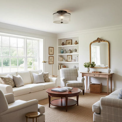 Drum Ribbed Glass Ceiling Lamp - Vintage Farmhouse Flush Mount