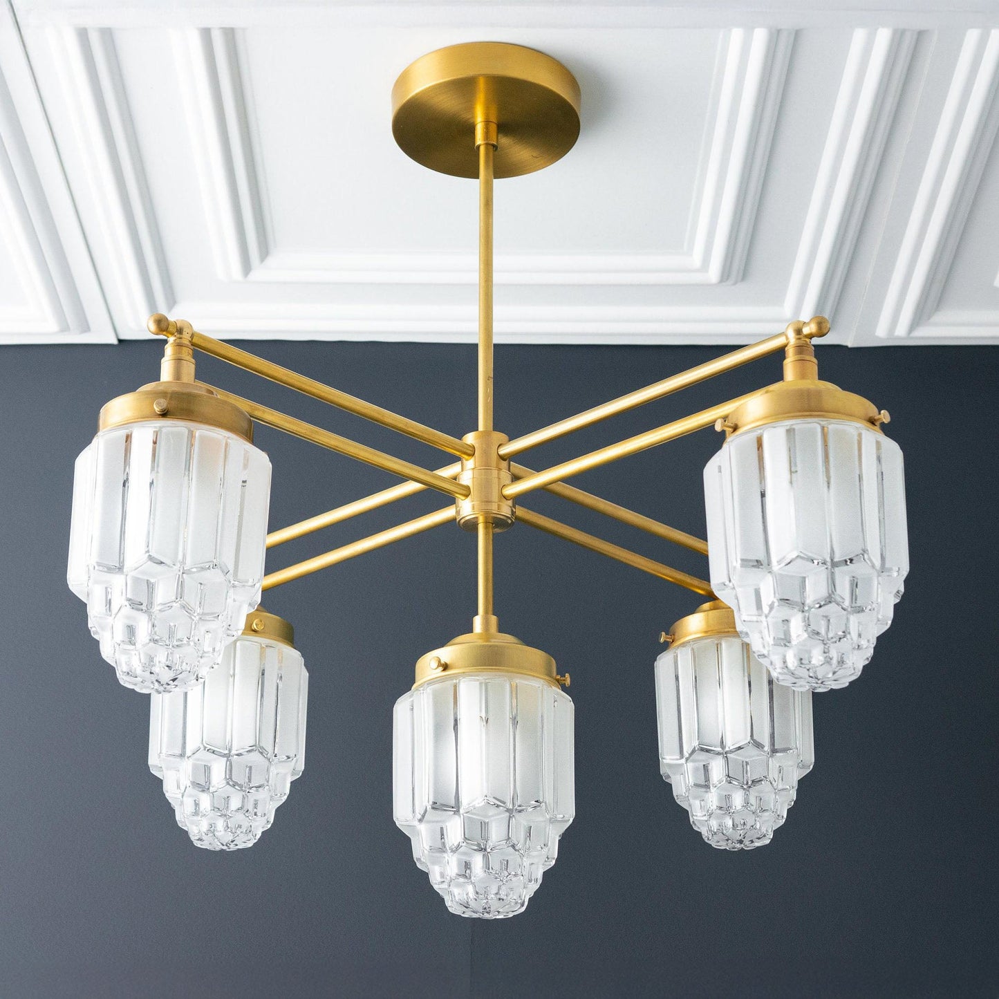 Tierlux Glass Chandelier – Vintage Brass Globe Lighting Fixture