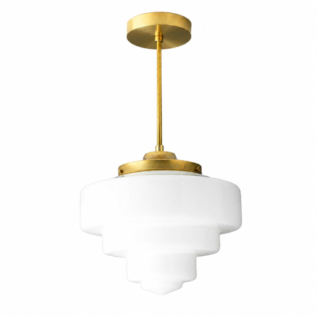 Geotower Glas-Messing-Pendelleuchte – Art Deco Opal Globe Deckenleuchte