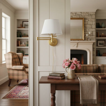 Ornato Brass Swing Arm Wall Sconce with White Cloth Shade for Bathroom Vanity or Hallway