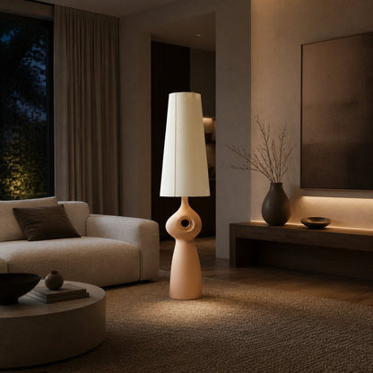 Pryssa Sculptural Ceramic Floor Lamp - Ivory Linen Shade for Living Room Accent