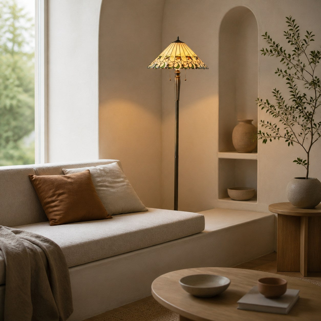 TF Jamelia Stehlampe aus Buntglas – Dekorative Stehlampe mit juwelenfarbenem Mosaikschirm und Metallsäule, ideal für Leseecken