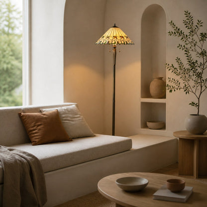 TF Jamelia Stehlampe aus Buntglas – Dekorative Stehlampe mit juwelenfarbenem Mosaikschirm und Metallsäule, ideal für Leseecken